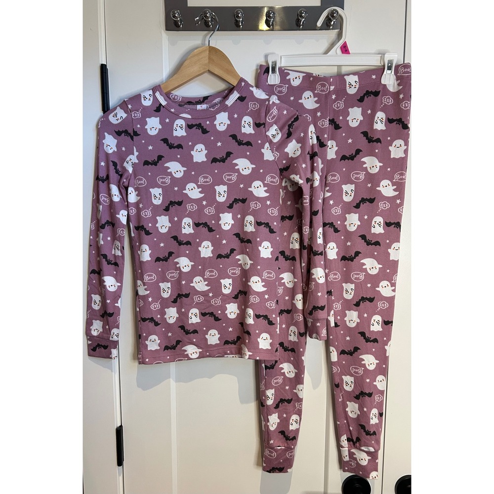 Kids Halloween Ghost Bat Pajama Set Pink Purple XL 14 Long Sleeve PJs
